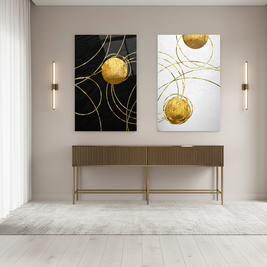 Ensemble de deux tableaux muraux abstraits en verre noir et blanc