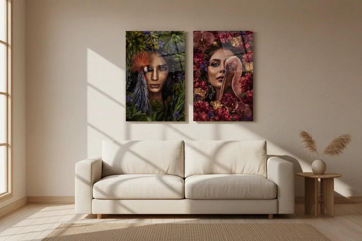 Glamorous Woman Portrait Duo Glass Wall Art Set - LUXARTDECO