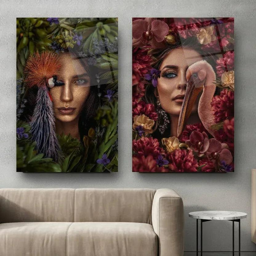 Glamorous Woman Portrait Duo Glass Wall Art Set - LUXARTDECO