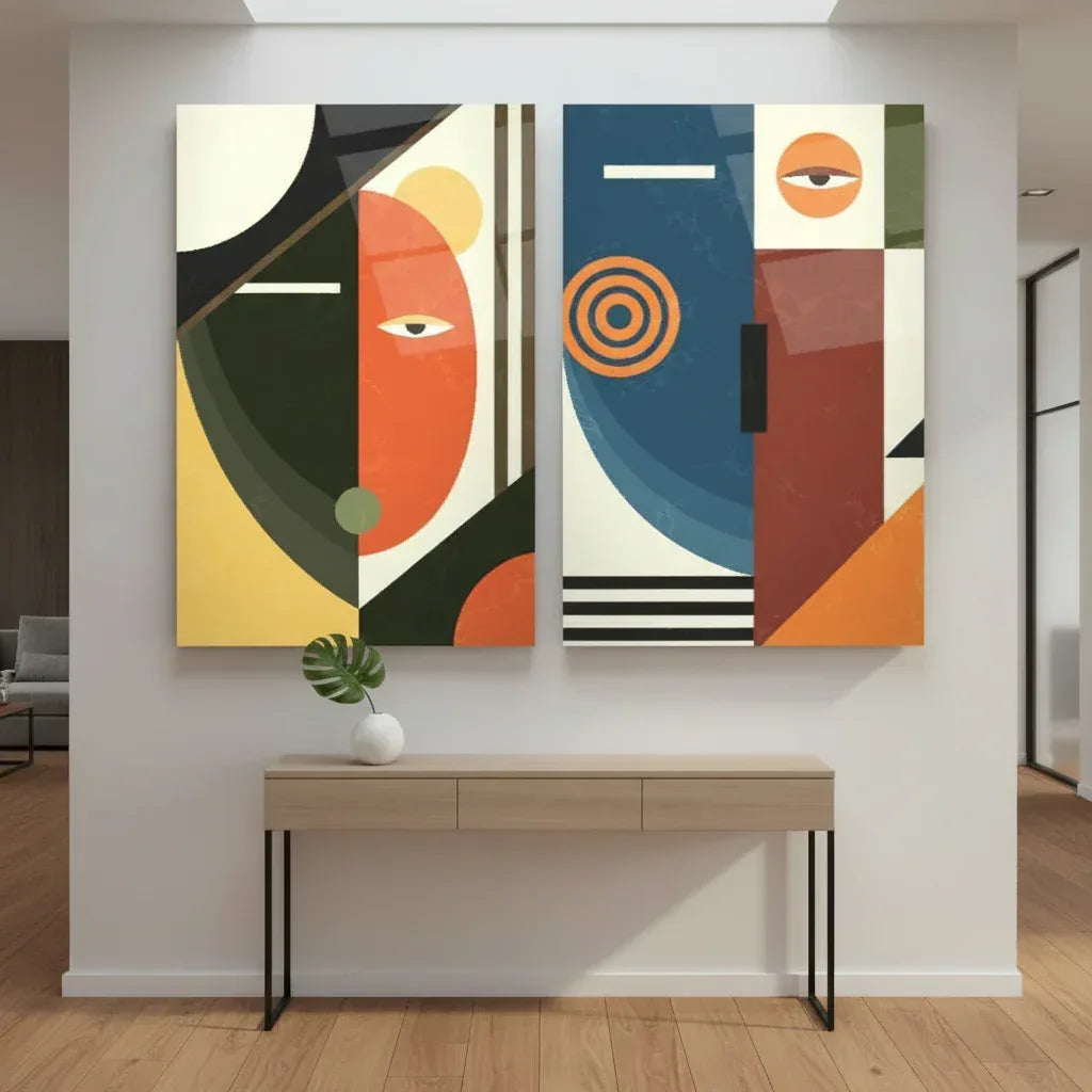 Orange and Blue Abstract Duo Glass Wall Art Set - LUXARTDECO