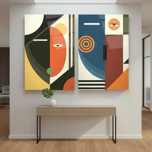 Orange and Blue Abstract Duo Glass Wall Art Set - LUXARTDECO