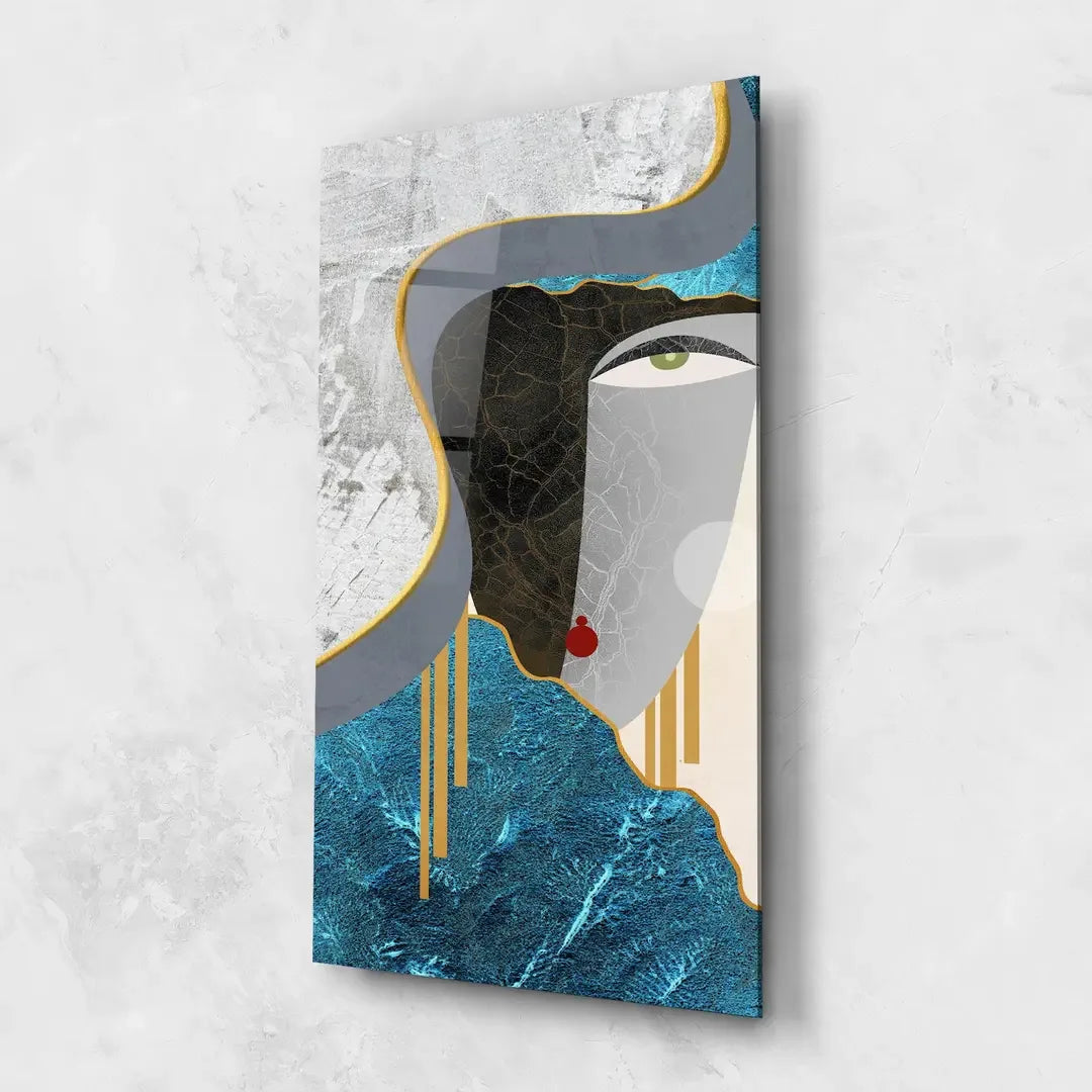 Abstract Blue Face Glass Wall Art - LUXARTDECO
