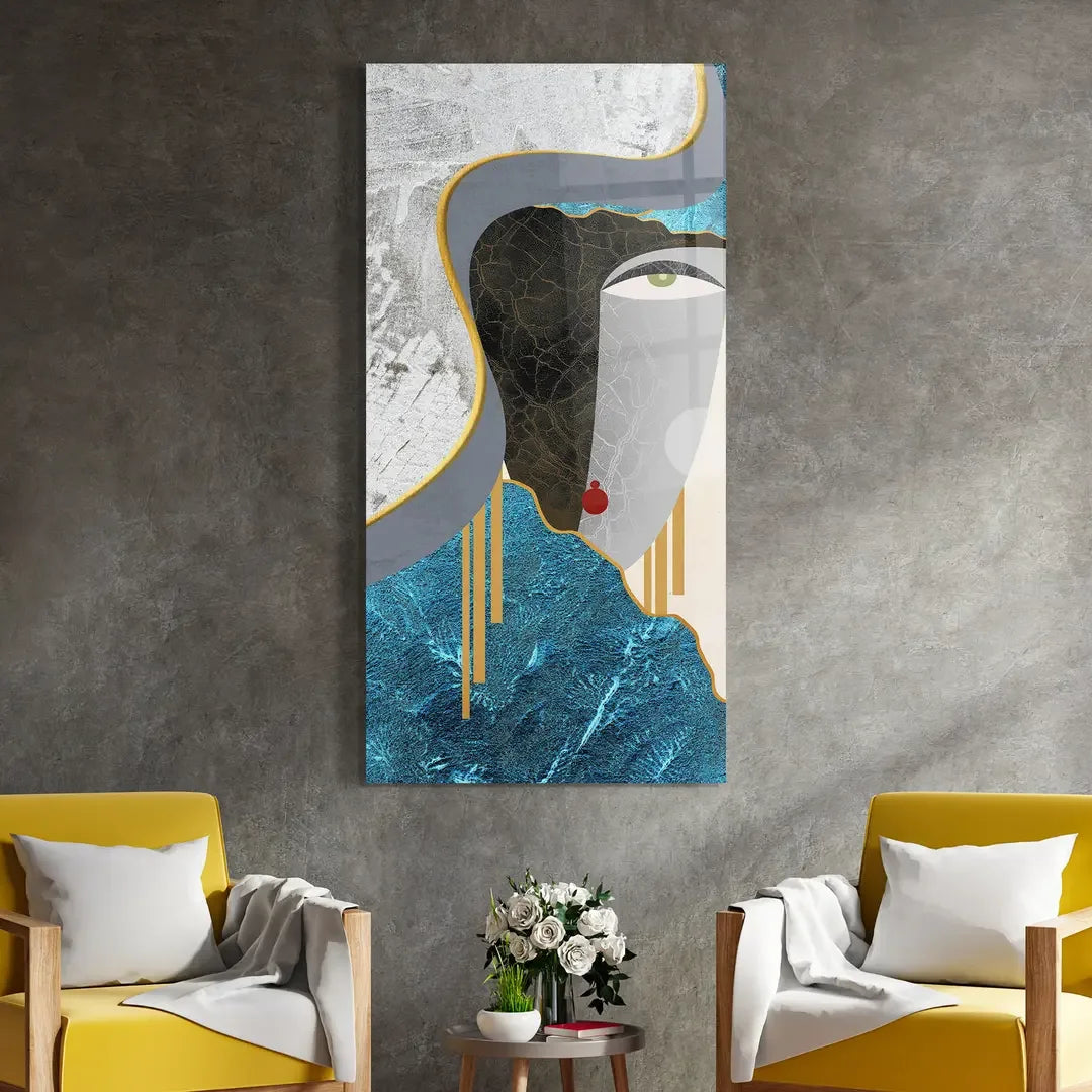 Abstract Blue Face Glass Wall Art - LUXARTDECO