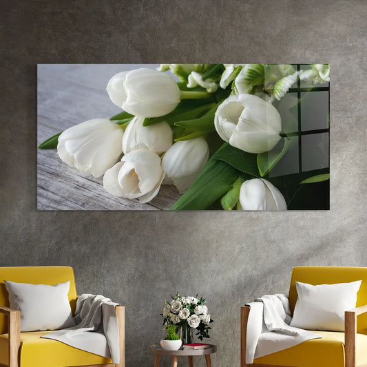 White Tulips Glass Wall Art