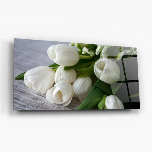 White Tulips Glass Wall Art