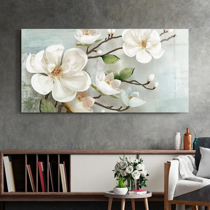 White Magnolia Glass Wall Art - LUXARTDECO