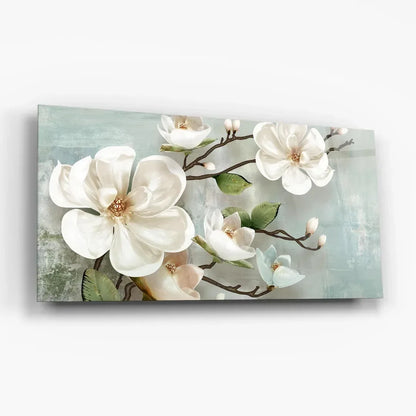 White Magnolia Glass Wall Art - LUXARTDECO