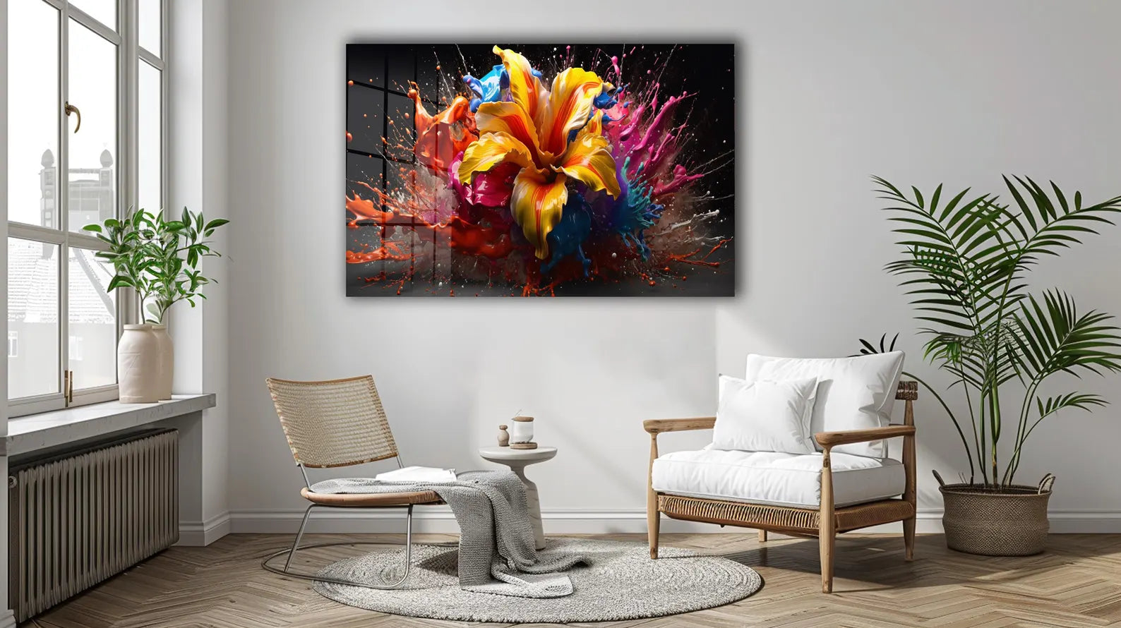 Arte murale in vetro con fiori astratti 