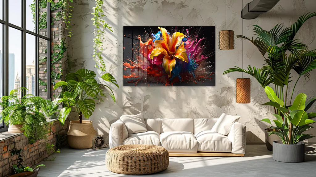 Arte murale in vetro con fiori astratti 