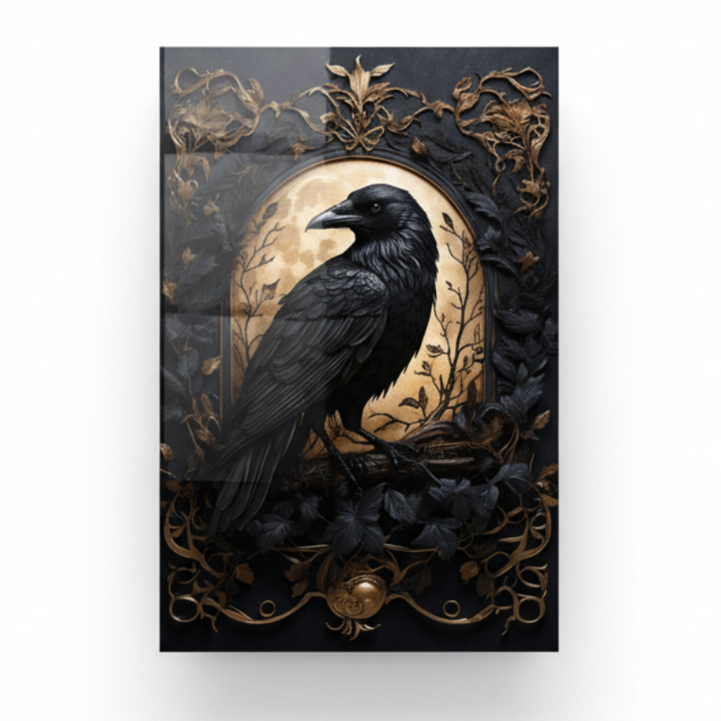 Corbeau et Lune Tableau en Verre Trempé