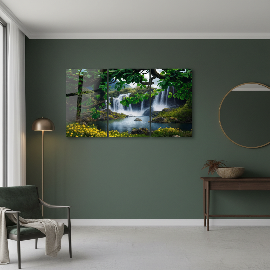 Waterfall forest glass wall art triptych in a luxury deep forest green entrance hall
