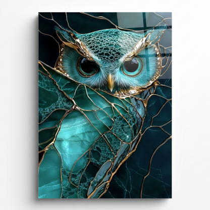 LMT-046 turquoise owl glass wall art, final front view using the original artwork with exact 2 to 3 vertical proportions