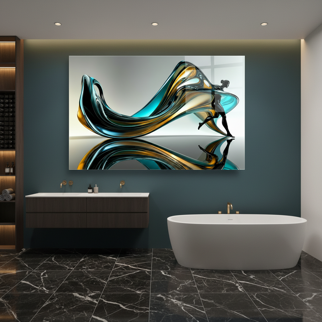 Y-304 abstract turquoise, black and gold figure glass wall art with exact 7 to 5 panel ratio in a luxury spa bathroom