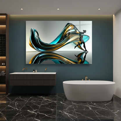 Y-304 abstract turquoise, black and gold figure glass wall art with exact 7 to 5 panel ratio in a luxury spa bathroom