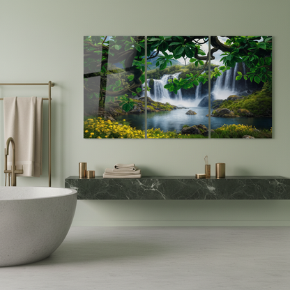 Waterfall forest glass wall art triptych in a luxury sage green bathroom