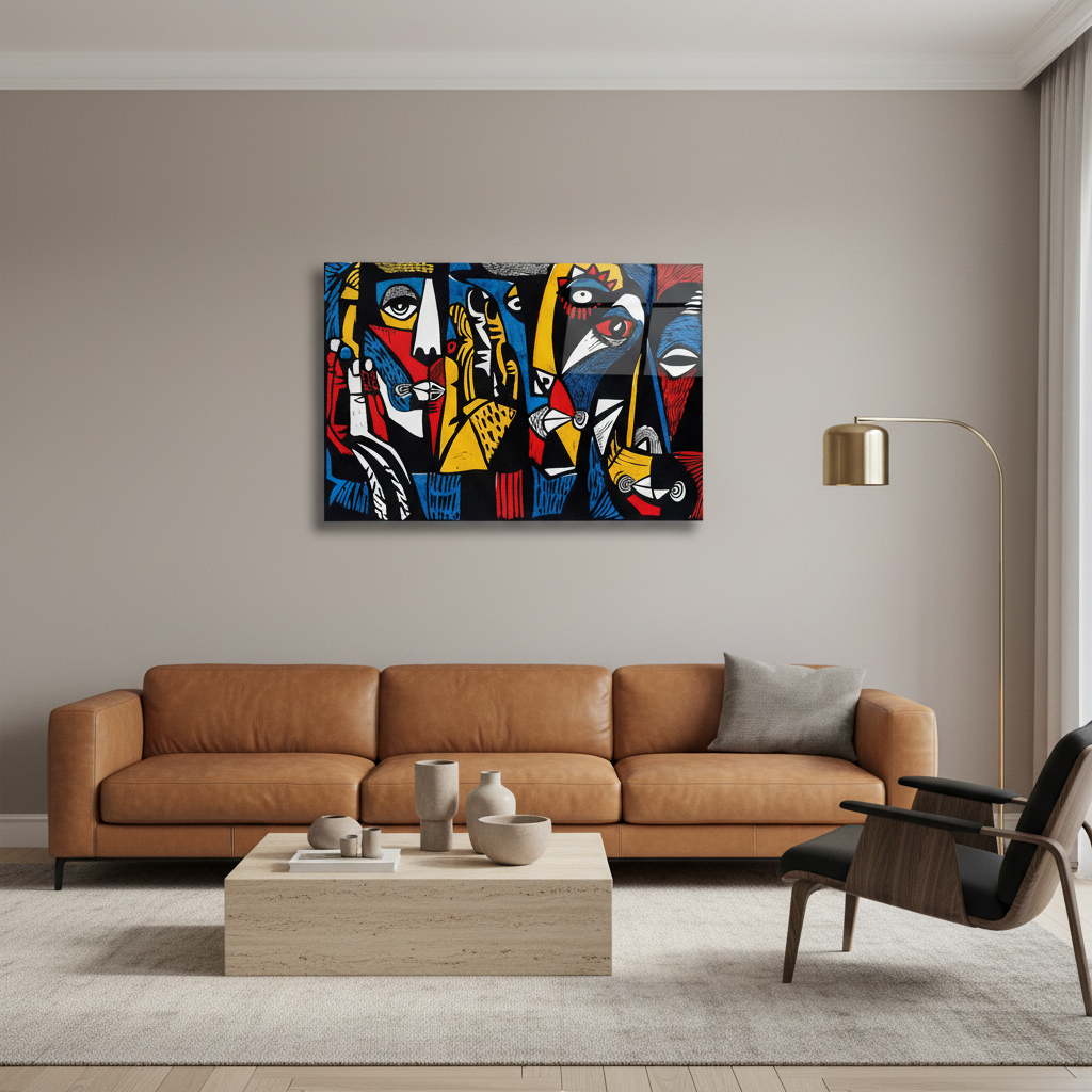 Abstract Expressionist Glass Wall Art in a luxury modern living room