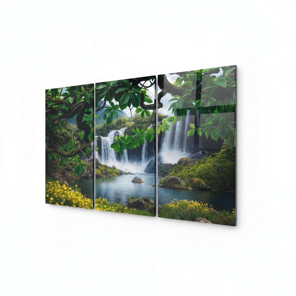 Right-side view of the three-panel waterfall forest glass wall art triptych on a pure white background