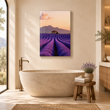 Provence lavender field glass wall art in a bathroom