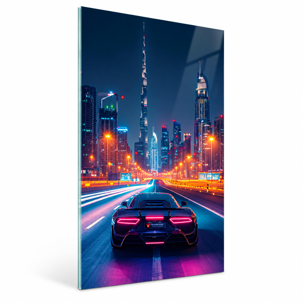 Neon city sports car glass wall art, left angle view