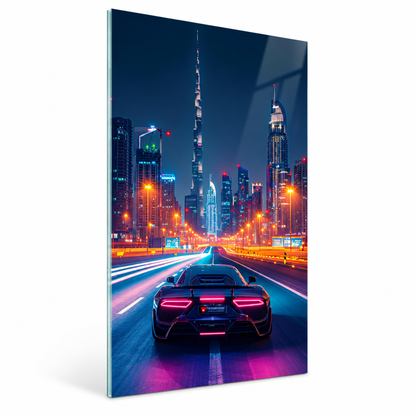Neon city sports car glass wall art, left angle view