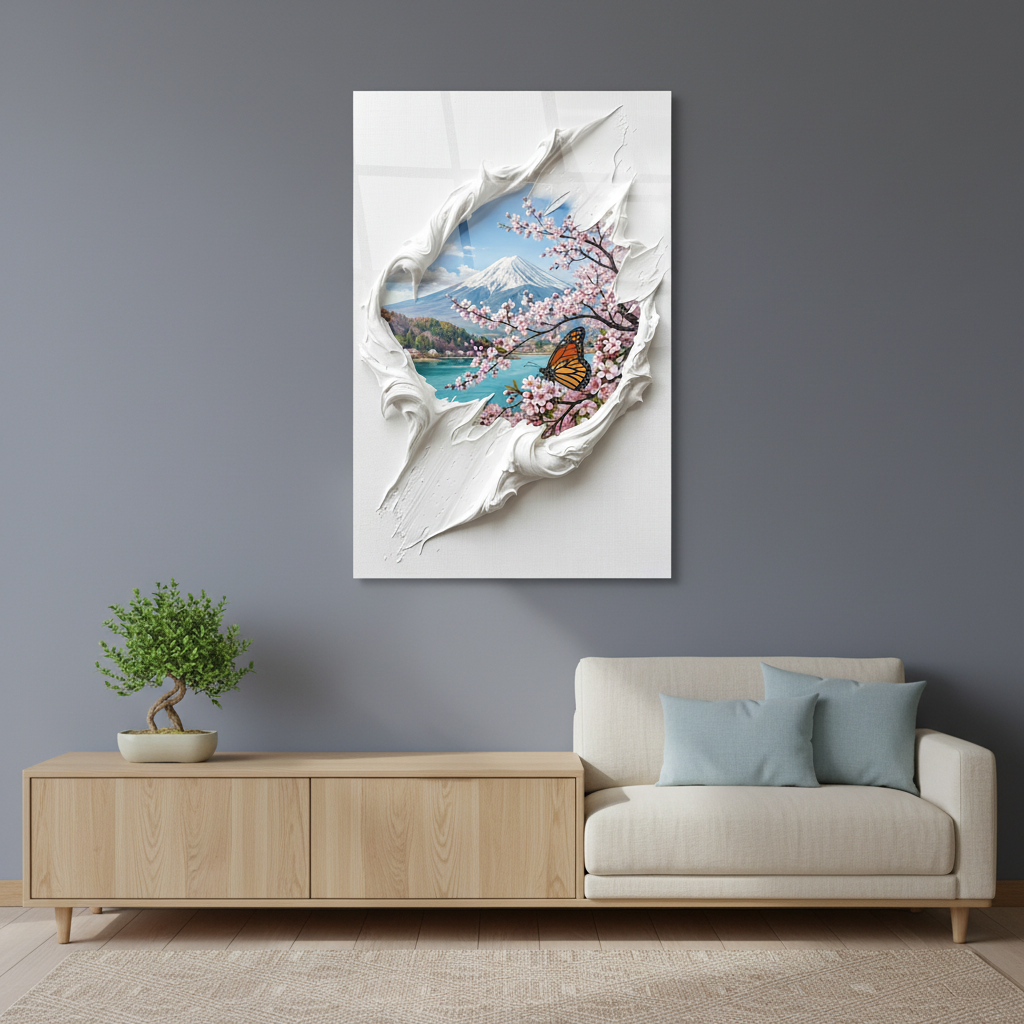 Square 1:1 japandi living room mockup of LMT-004, mountain lake and cherry blossom glass wall art with an orange butterfly on an indigo-grey wall.