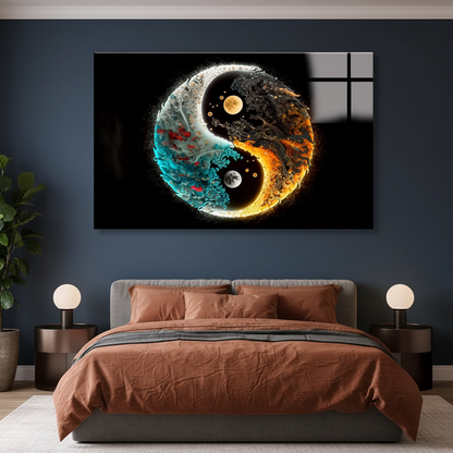 LMT-052 turquoise orange gold yin yang abstract glass wall art in a luxury bedroom