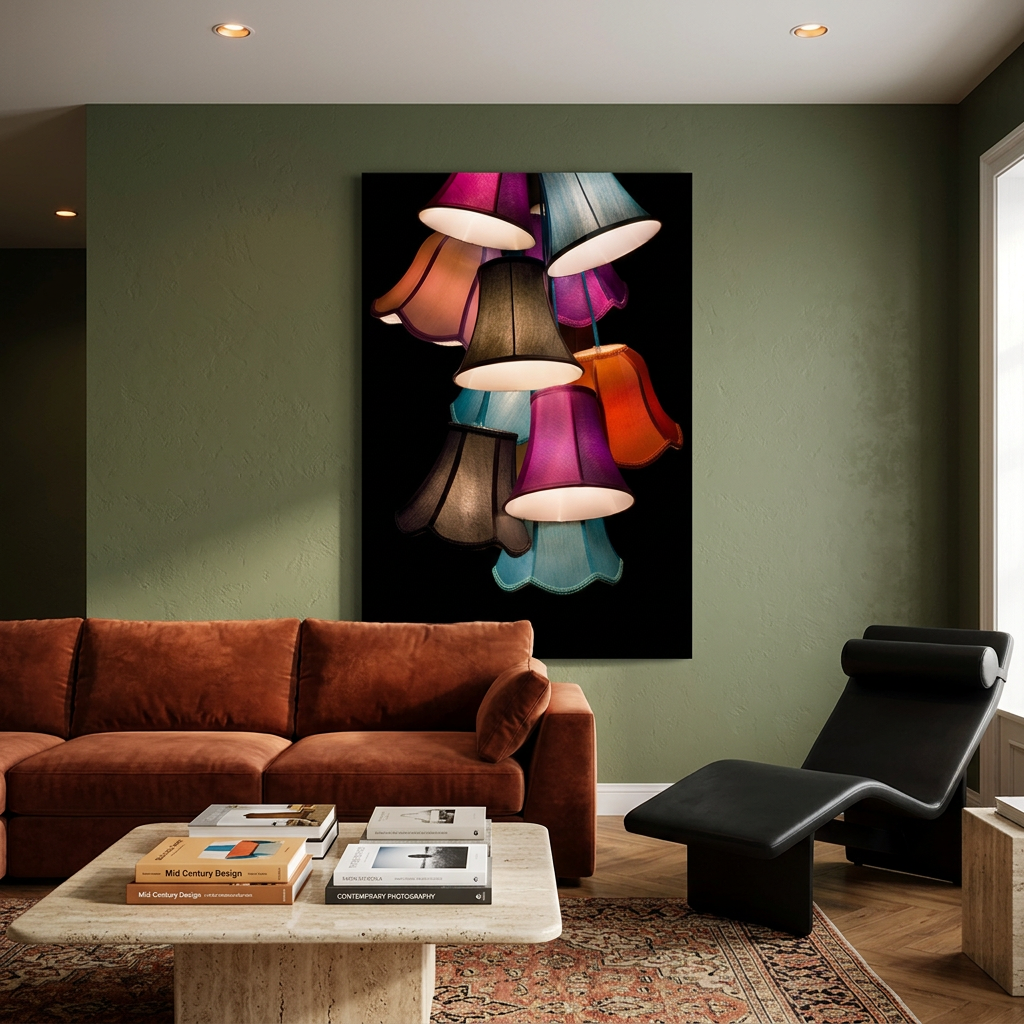 D-177 colorful lampshades glass wall art in olive living room