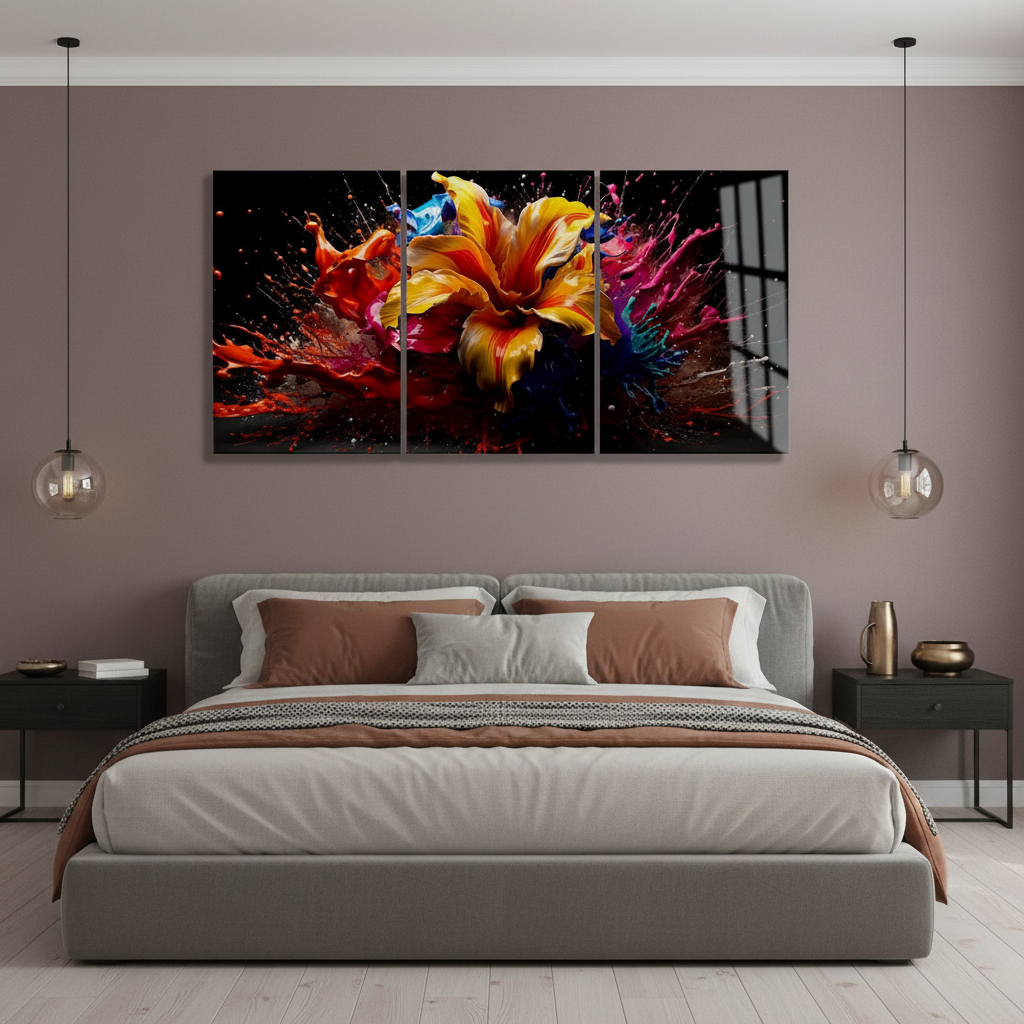 T-42 abstract color splash flower triptych glass wall art in a luxury bedroom with dusty mauve walls