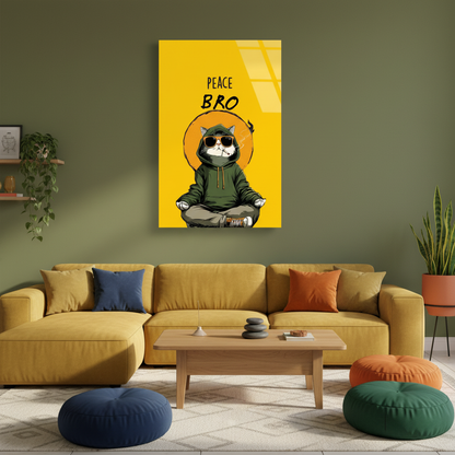 Square 1:1 urban-zen living room mockup of LMT-001, the yellow Peace Bro meditating cat glass wall art above a colorful chill-out sofa.