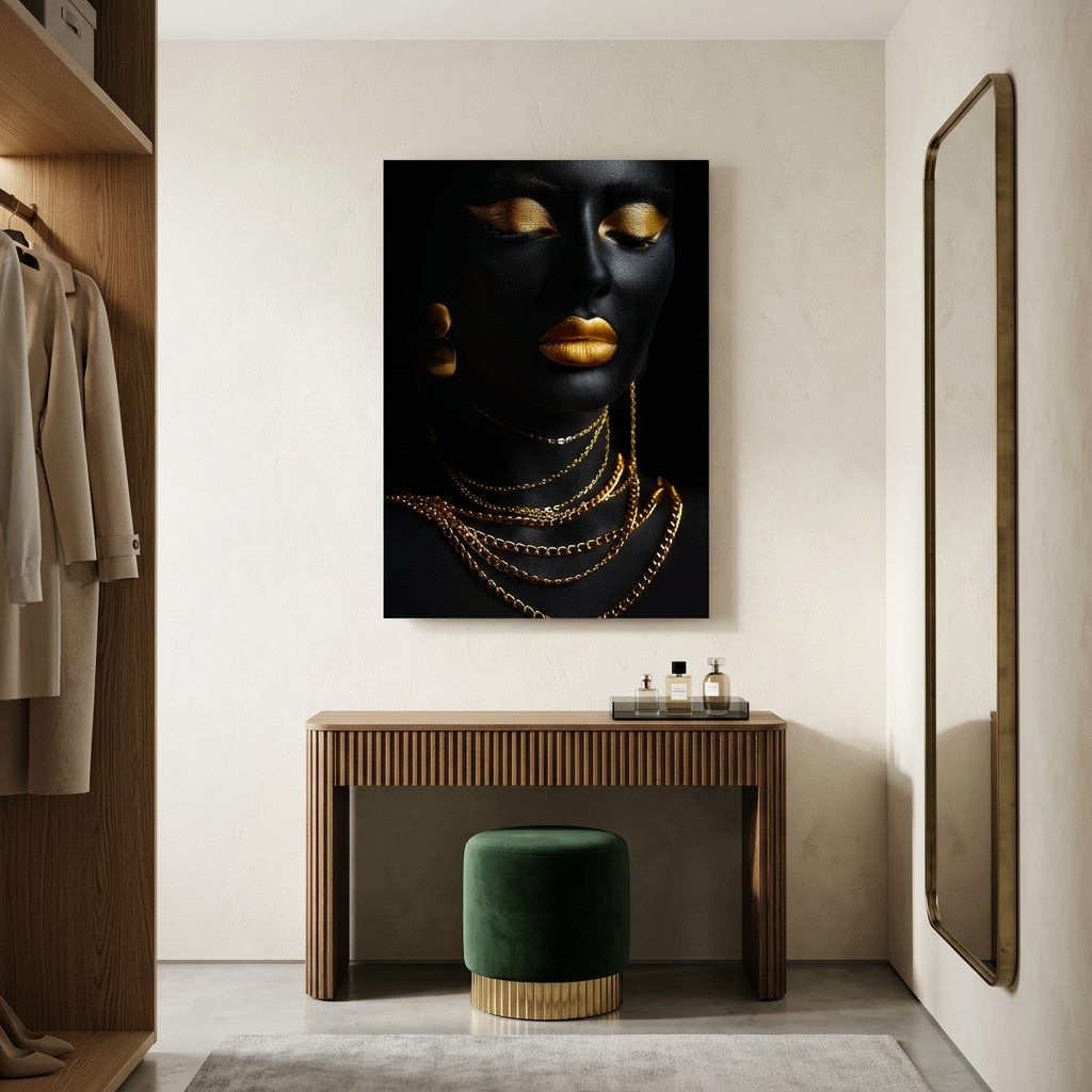 D-185 black and gold woman with layered necklaces glass wall art in ivory dressing room
