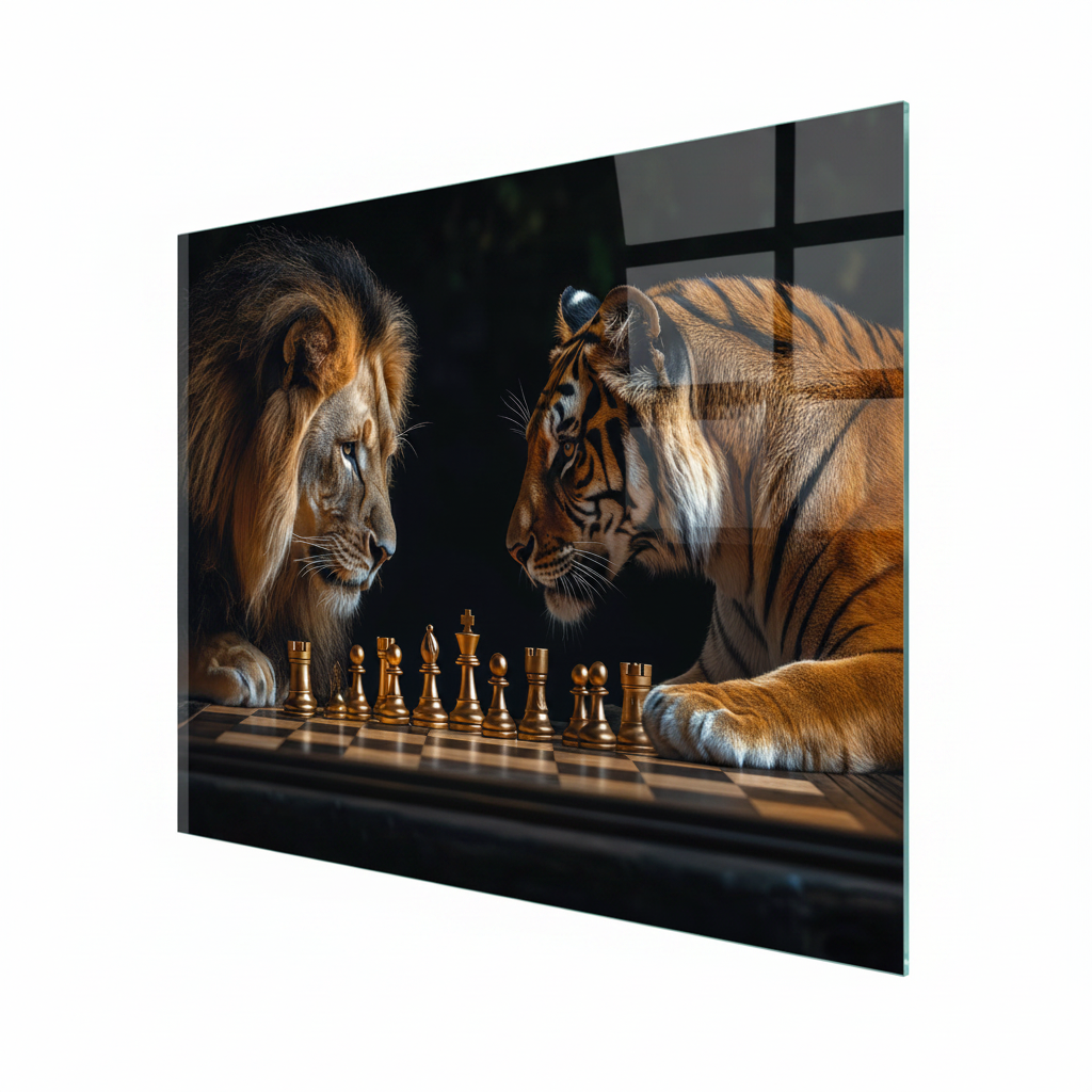 Lion vs Tiger Chess Glass Wall Art – right side view