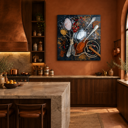 Glass wall art displayed in a luxury spice-inspired kitchen with terracotta walls