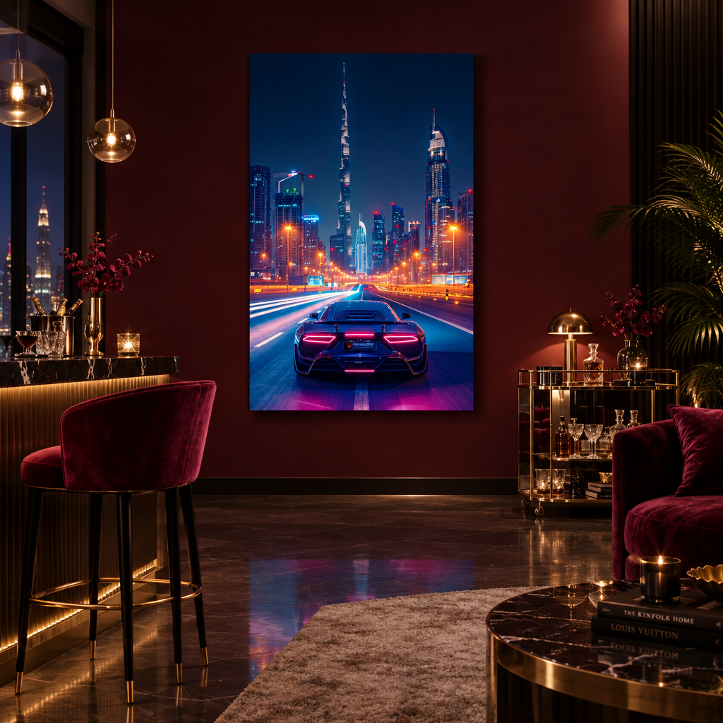 Neon city sports car glass wall art in a lounge area