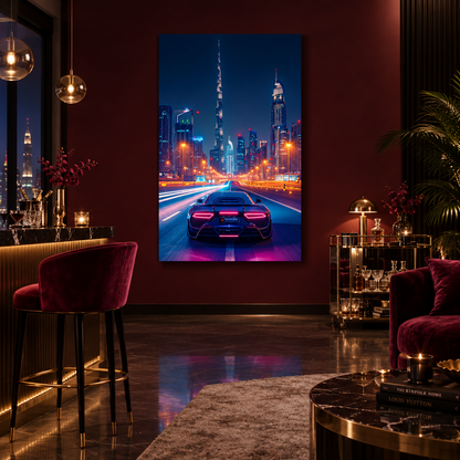 Neon city sports car glass wall art in a lounge area