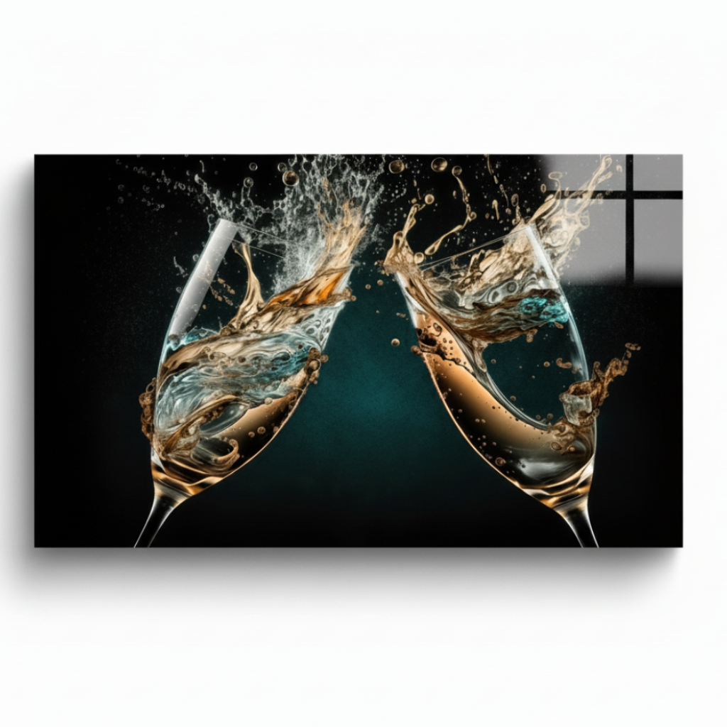 LMT-050 champagne glasses splash glass wall art, white 1:1 studio mockup with wide horizontal panel