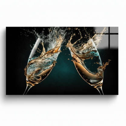 LMT-050 champagne glasses splash glass wall art, white 1:1 studio mockup with wide horizontal panel