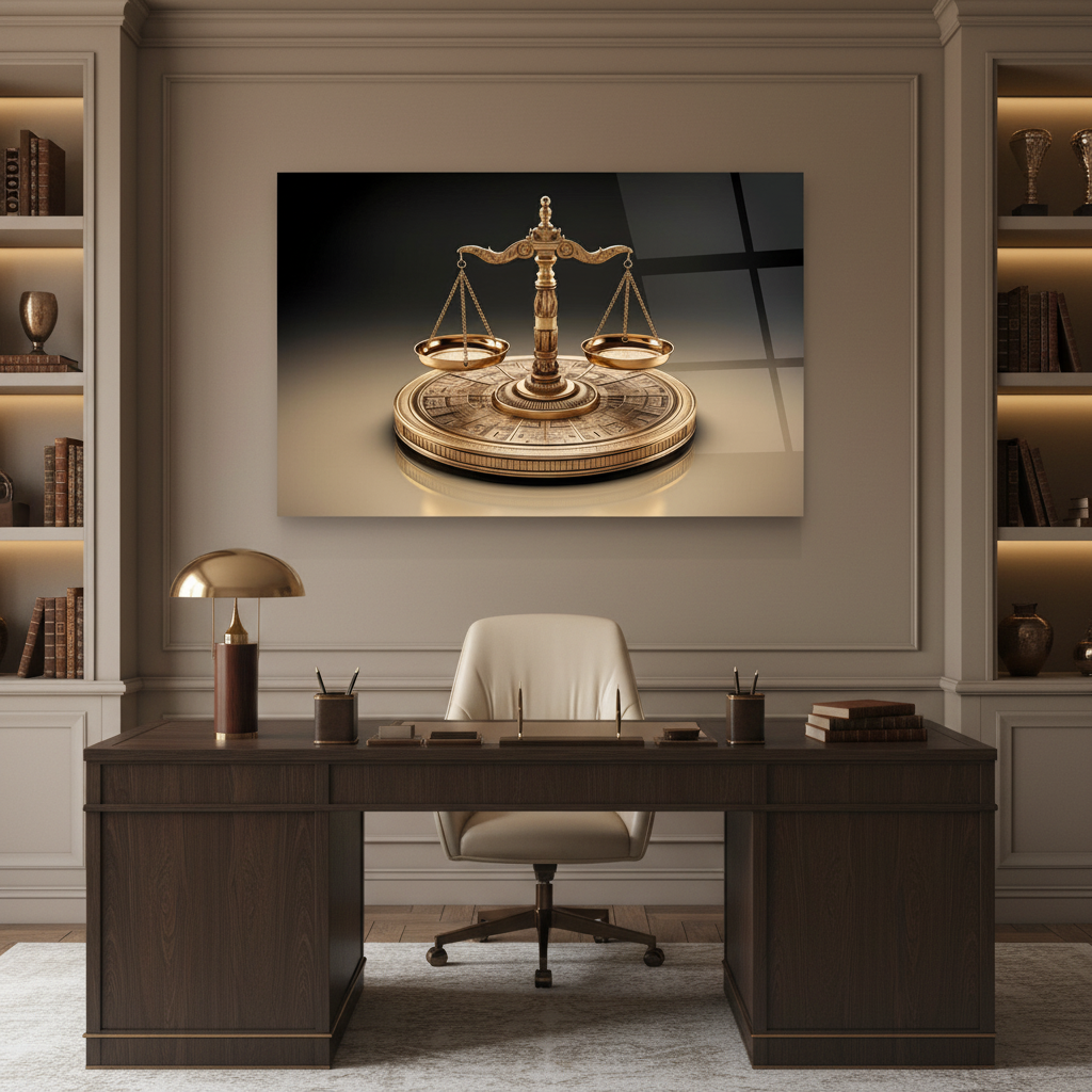 Golden scales of justice horizontal glass wall art in a luxury home study
