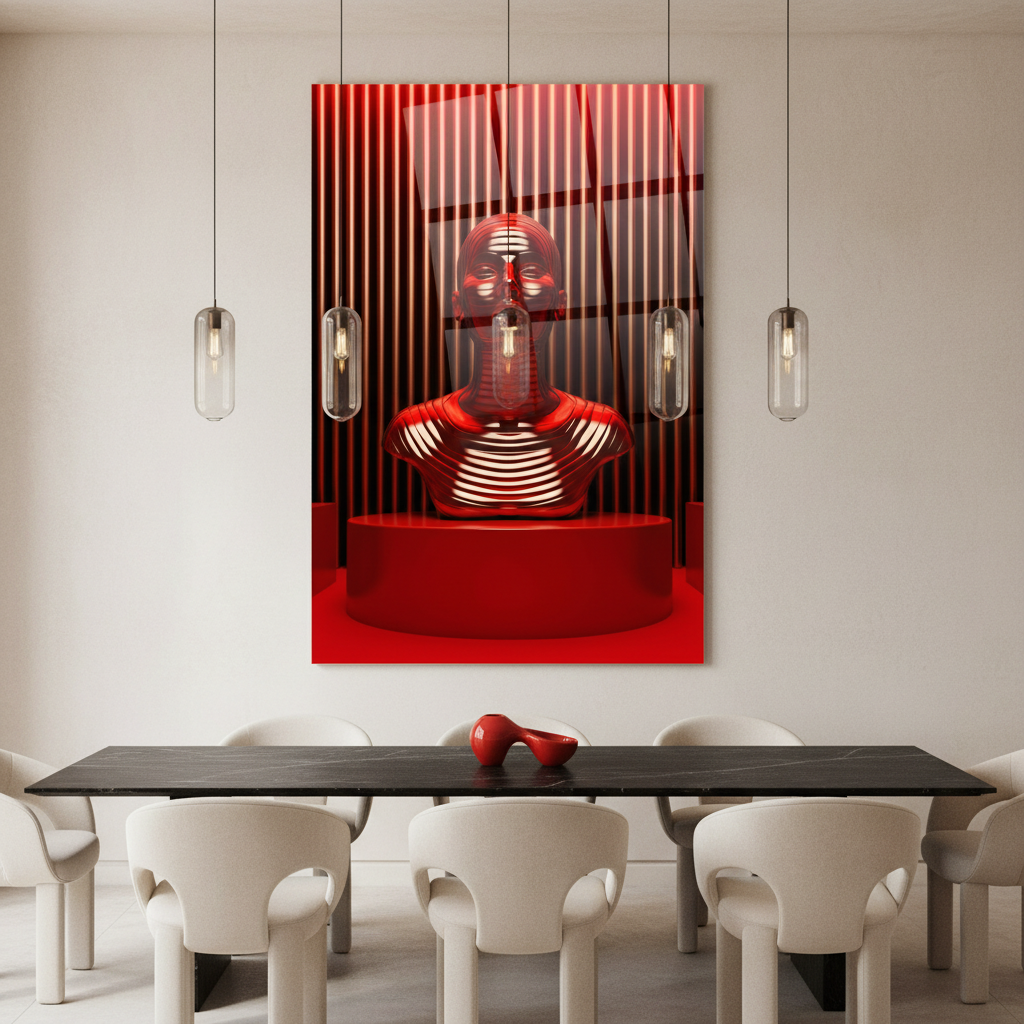 Red chrome futuristic human bust glass wall art in a warm white luxury dining room
