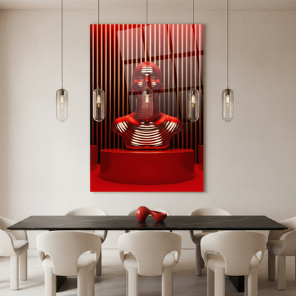 Red chrome futuristic human bust glass wall art in a warm white luxury dining room