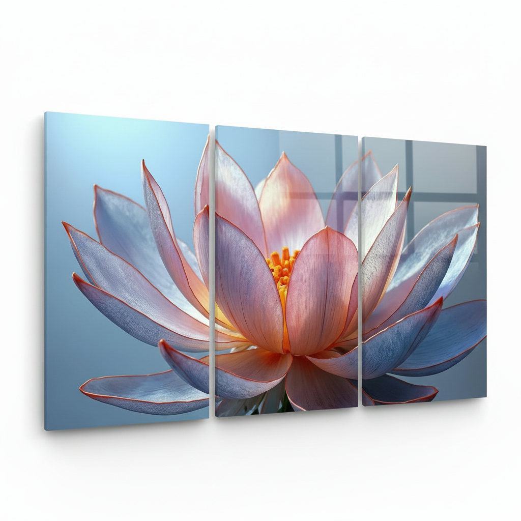 Left-side view of T-38 lotus flower triptych glass wall art on a white background