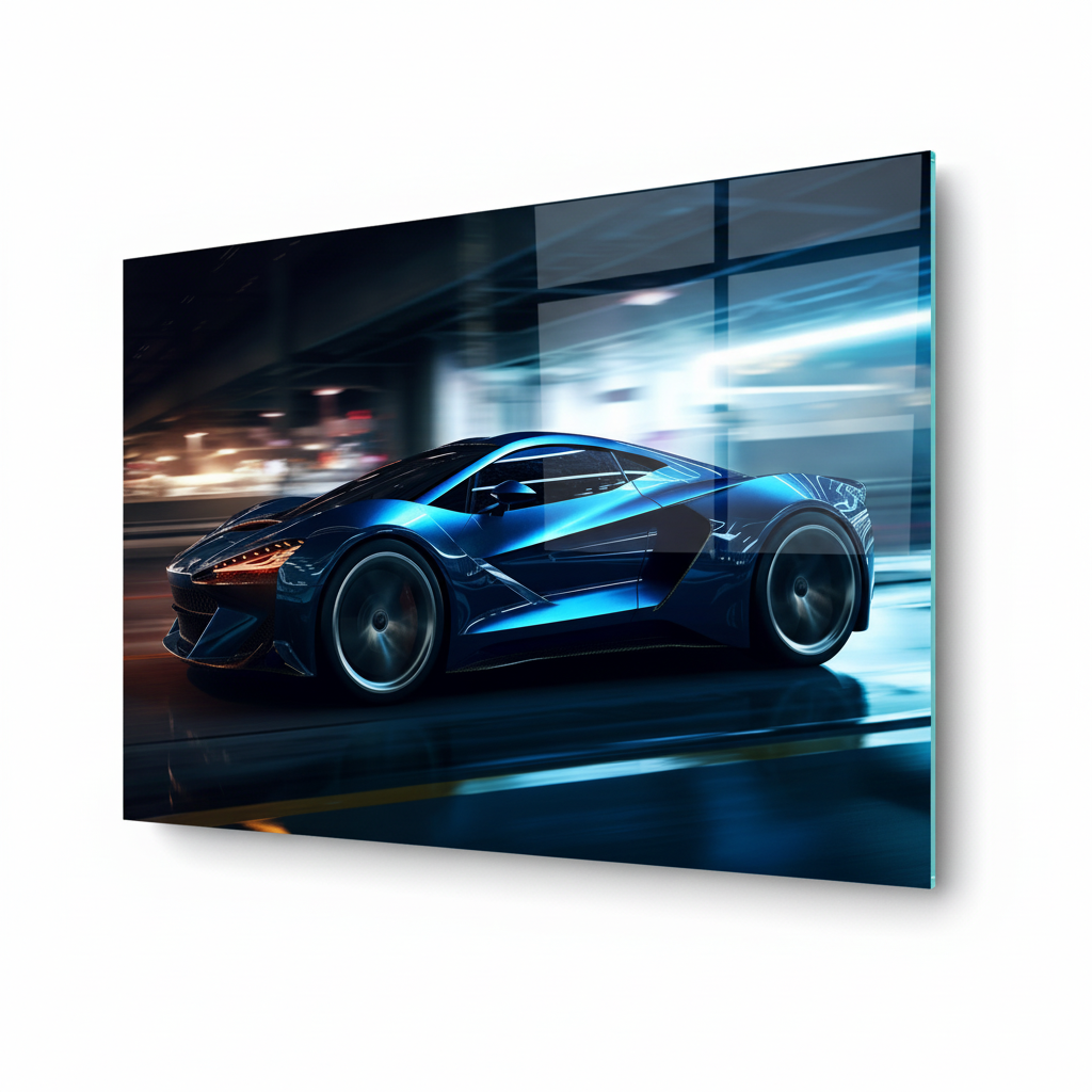 Y-303 electric blue supercar glass wall art, right side view