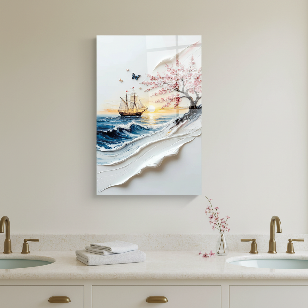 Square 1:1 spa bathroom mockup of LMT-002, sailing ship and cherry blossom glass wall art above a pale vanity.