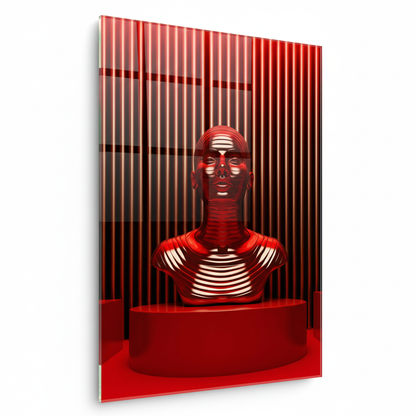 Left side view of red chrome futuristic human bust glass wall art on a white background