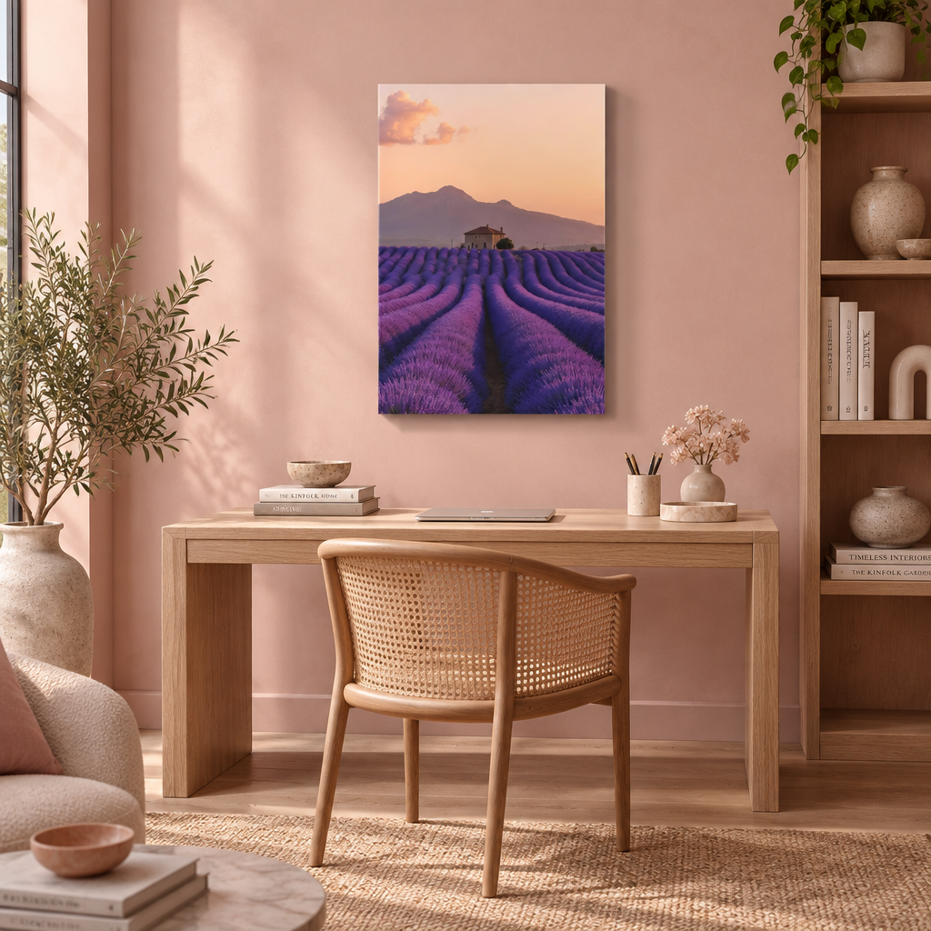 Provence lavender field glass wall art in a home office