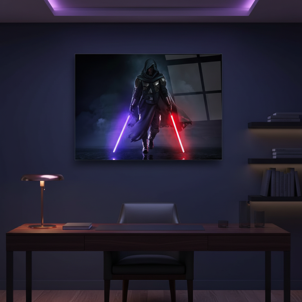 Darth Revan glass wall art above a dark oak desk in a midnight-blue home office