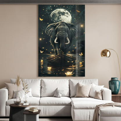 LMT-054 elephant under full moon with butterflies and lotus flowers in a luxury living room