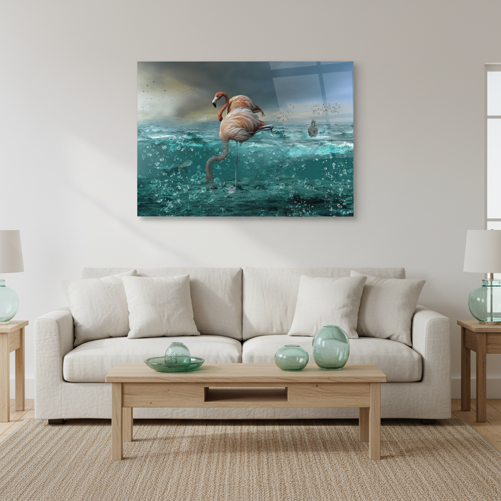Flamingo Ocean Glass Wall Art above a pale sofa in a bright coastal living room