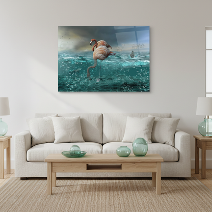 Flamingo Ocean Glass Wall Art above a pale sofa in a bright coastal living room