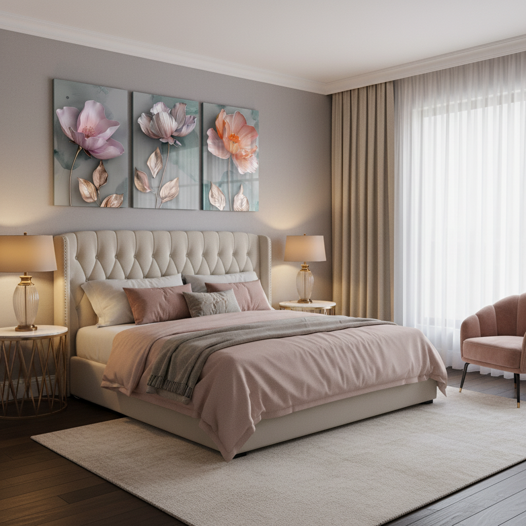 Triptych floral glass wall art - bedroom