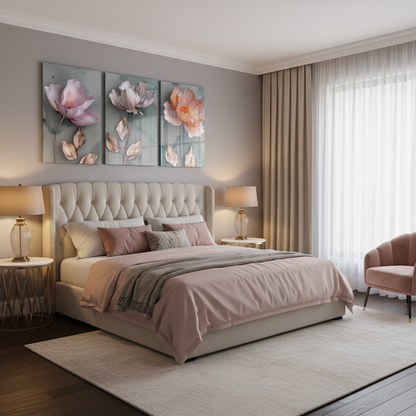 Triptych floral glass wall art - bedroom